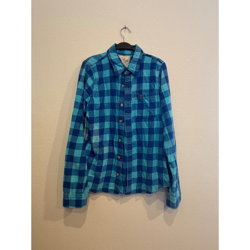 Hollister Mens XL Blue Teal Buffalo Plaid Flannel Button Down Shirt Long Sleeve